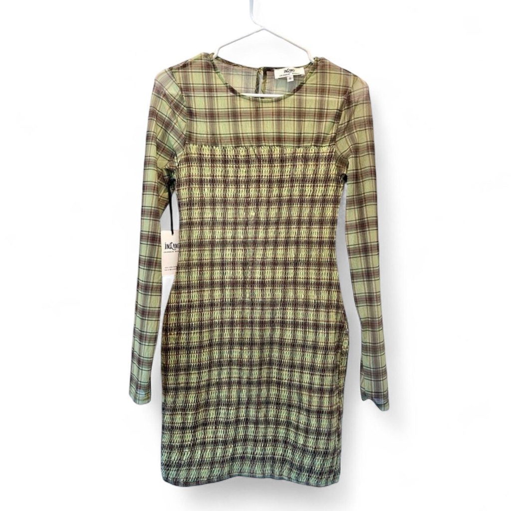 Inland Boutique Green Plaid Mesh Long Sleeve Short Skater Dress Size Small Nwt